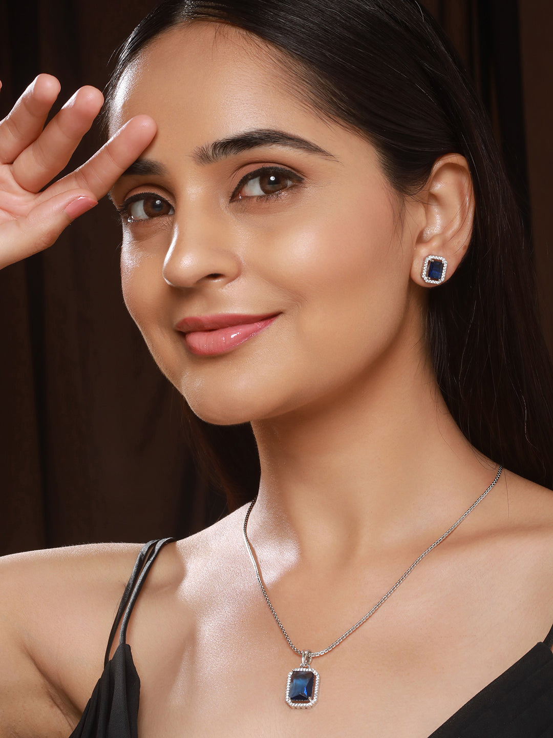 Silver Toned Blue AD Studded Rectangular Minimal Locket Jewellery Set